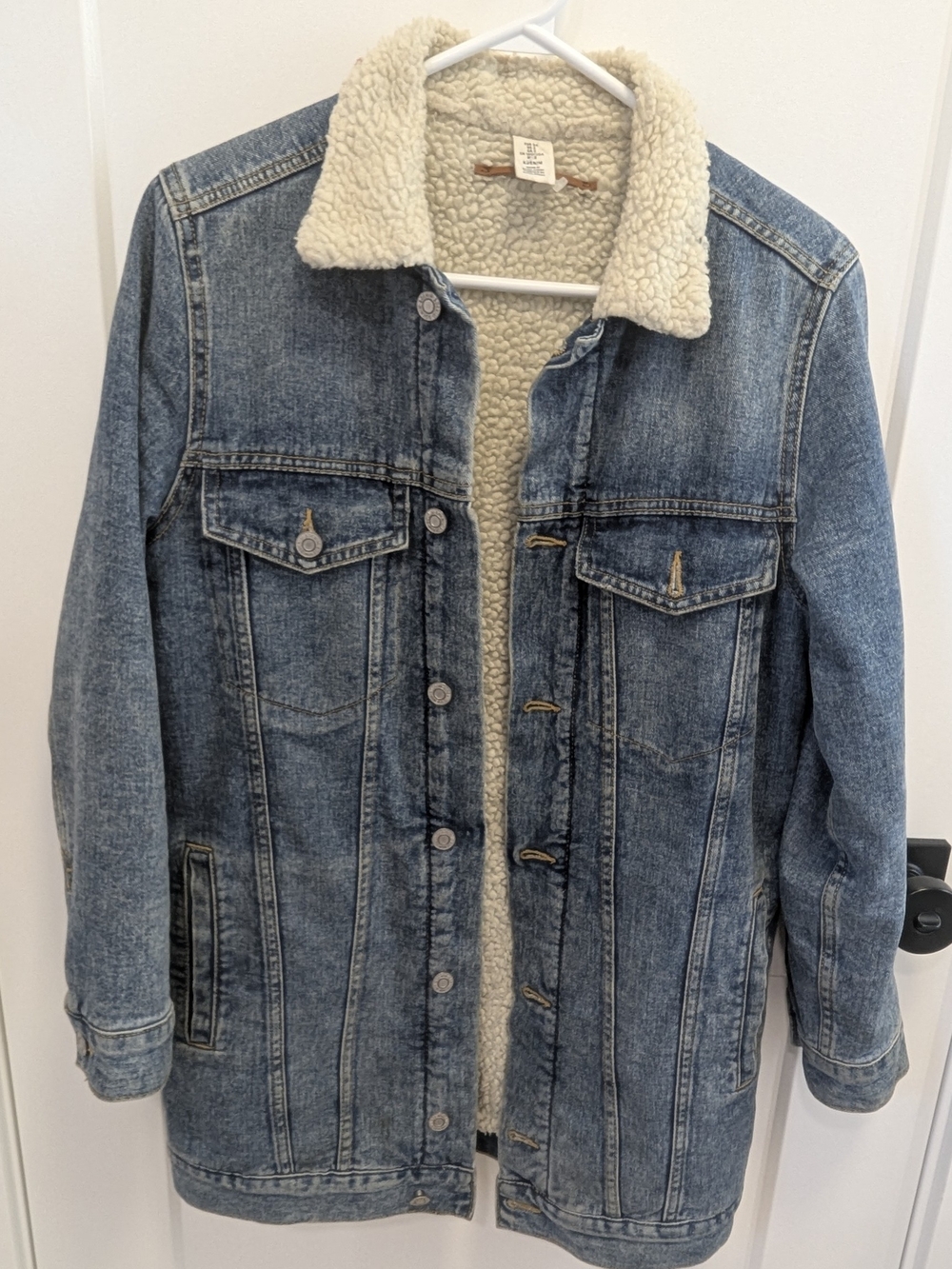 H&M Sherpa Lined Denim Jacket Shacket Cozy Oversized Blue Jean Coat - Picture 2 of 7